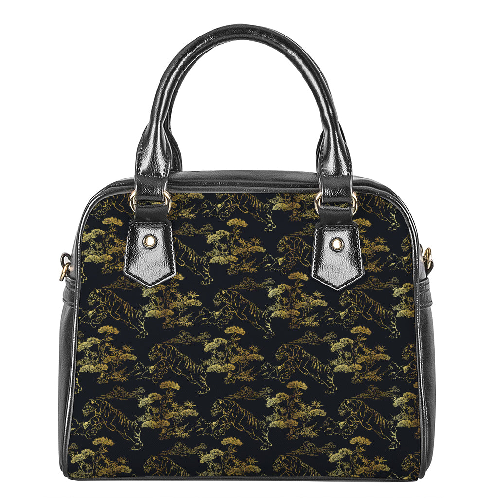 Black And Gold Japanese Tiger Print Shoulder Handbag
