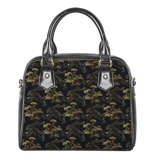 Black And Gold Japanese Tiger Print Shoulder Handbag