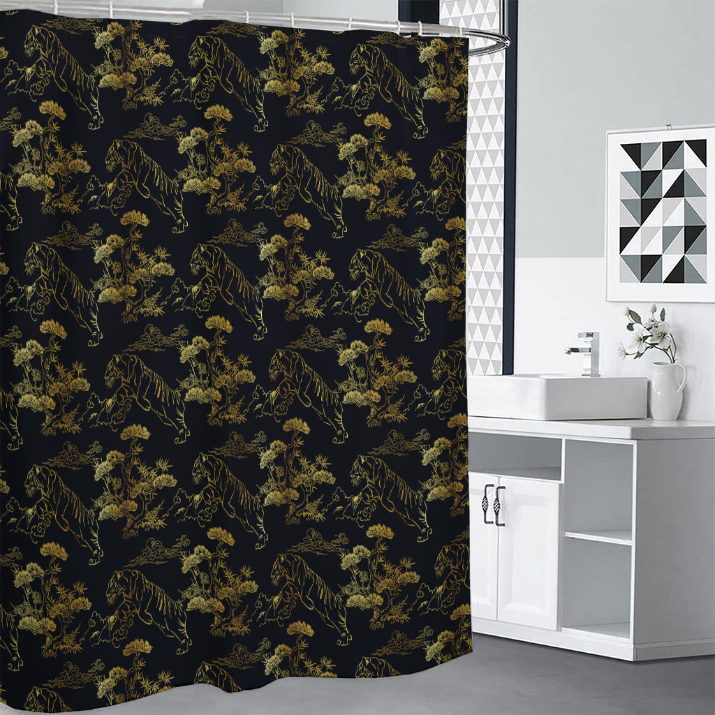 Black And Gold Japanese Tiger Print Shower Curtain