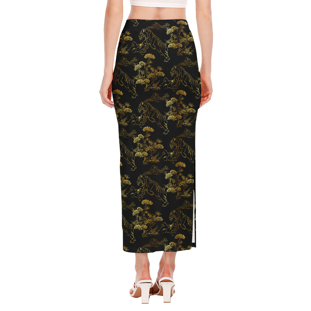 Black And Gold Japanese Tiger Print Side Slit Maxi Skirt