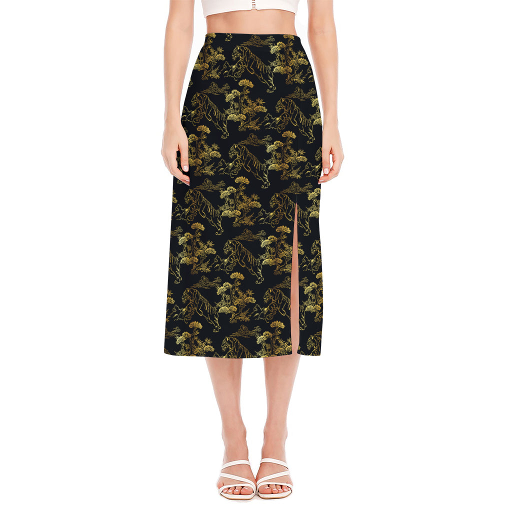 Black And Gold Japanese Tiger Print Side Slit Midi Skirt