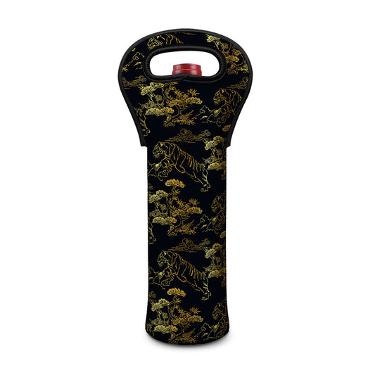Black And Gold Japanese Tiger Print Single Neoprene Wine Tote