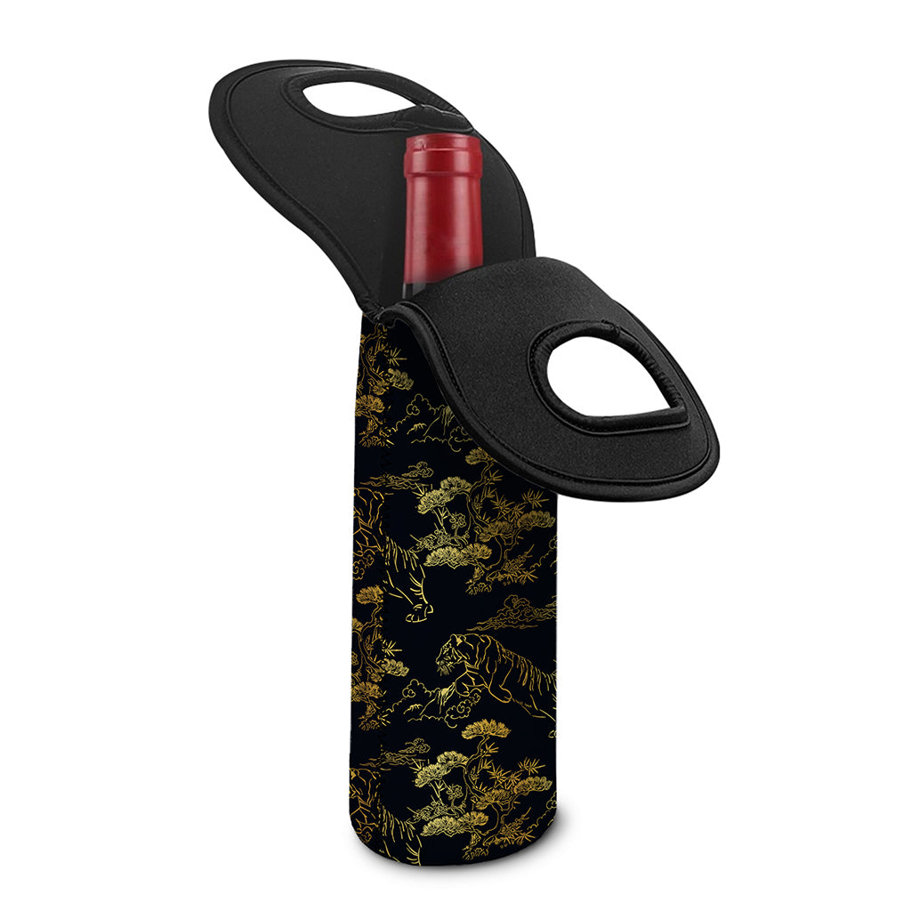 Black And Gold Japanese Tiger Print Single Neoprene Wine Tote