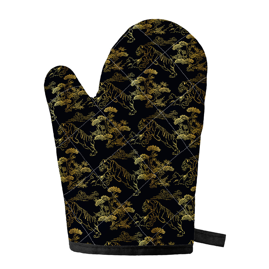 Black And Gold Japanese Tiger Print Single Oven Mitt