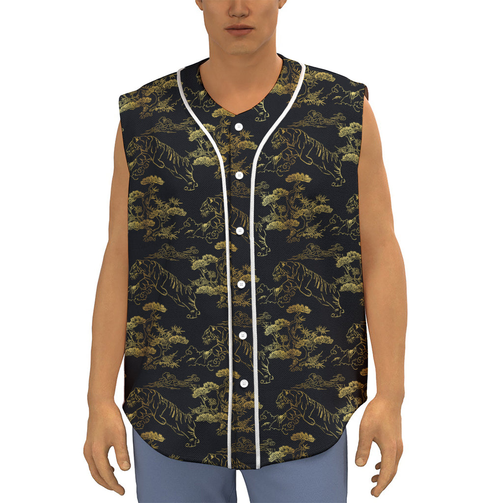 Black And Gold Japanese Tiger Print Sleeveless Baseball Jersey