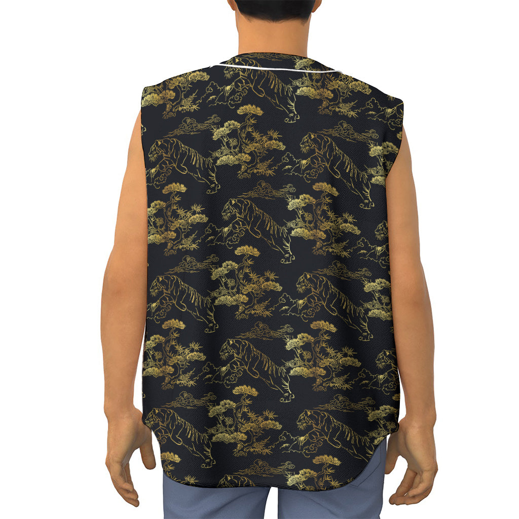 Black And Gold Japanese Tiger Print Sleeveless Baseball Jersey