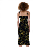 Black And Gold Japanese Tiger Print Slim Fit Midi Cami Dress
