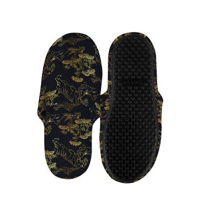 Black And Gold Japanese Tiger Print Slippers