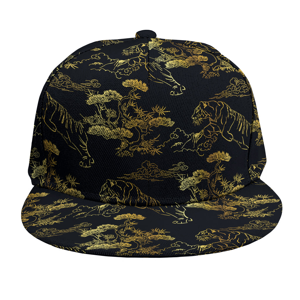 Black And Gold Japanese Tiger Print Snapback Cap