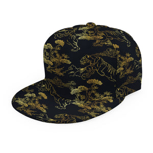 Black And Gold Japanese Tiger Print Snapback Cap