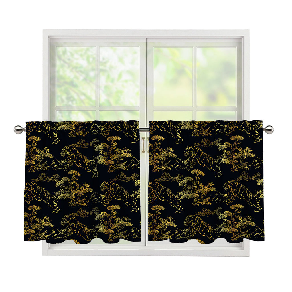 Black And Gold Japanese Tiger Print Tier Curtains