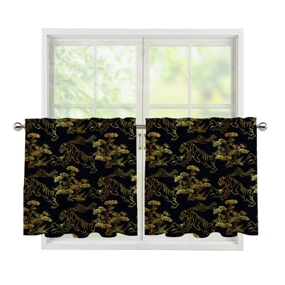 Black And Gold Japanese Tiger Print Tier Curtains