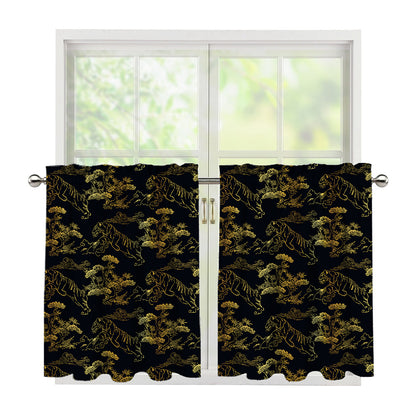 Black And Gold Japanese Tiger Print Tier Curtains