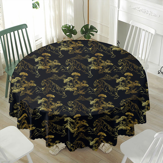 Black And Gold Japanese Tiger Print Waterproof Round Tablecloth
