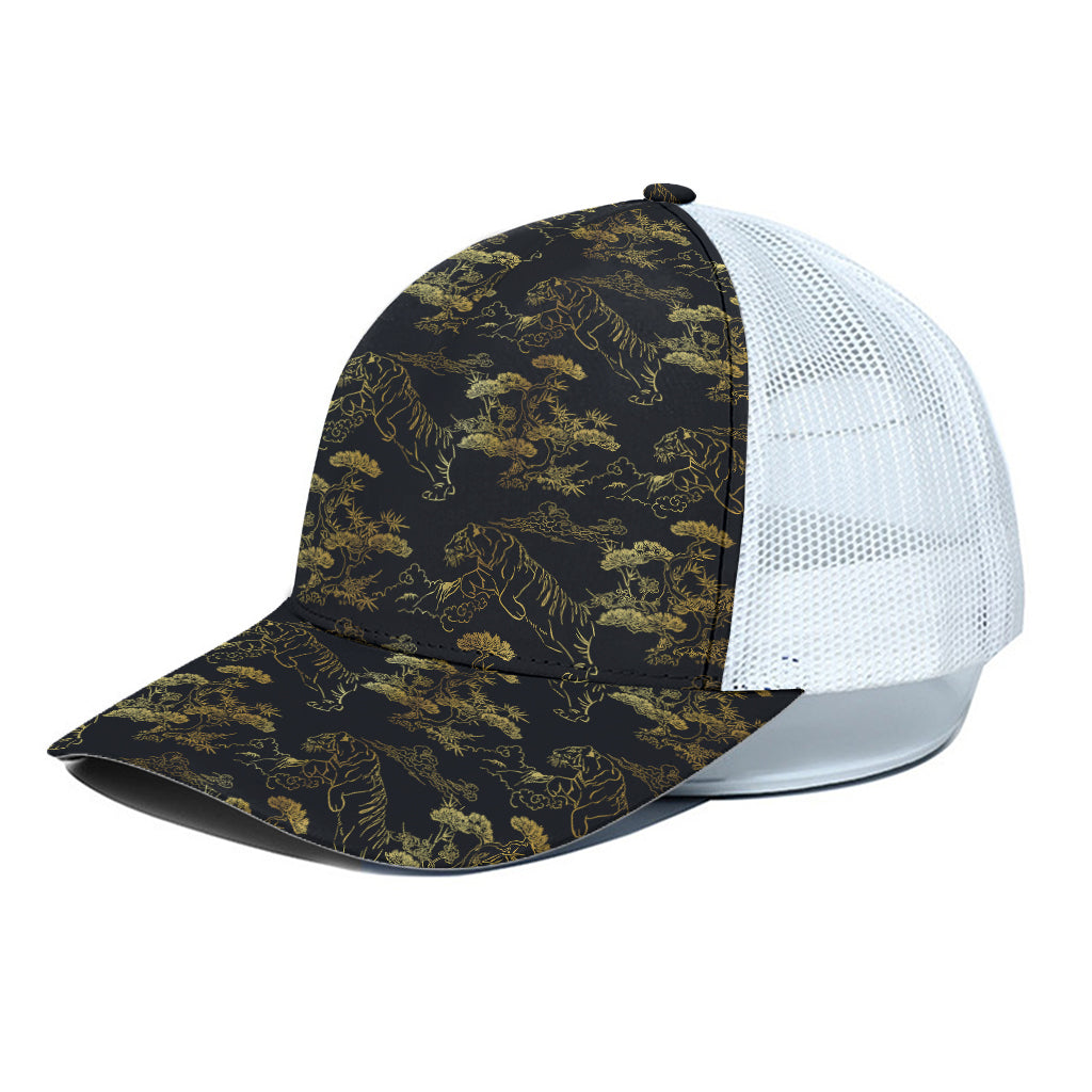 Black And Gold Japanese Tiger Print White Mesh Trucker Cap