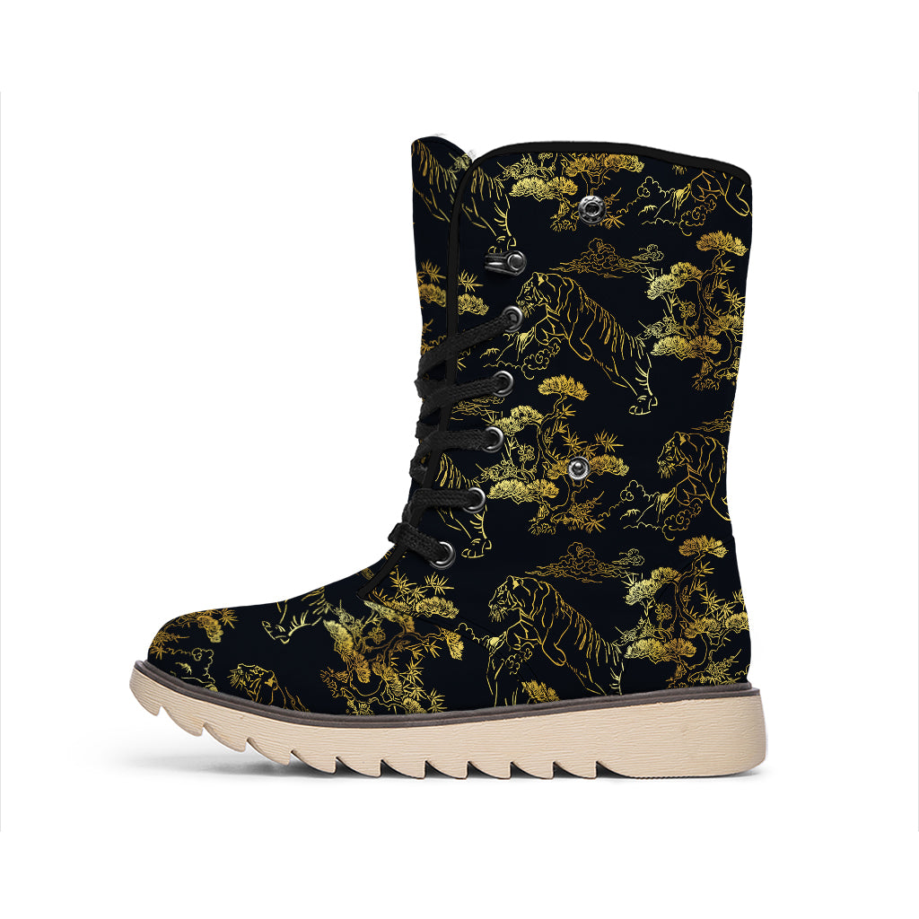 Black And Gold Japanese Tiger Print Winter Boots