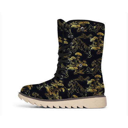 Black And Gold Japanese Tiger Print Winter Boots