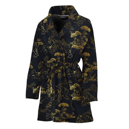Black And Gold Japanese Tiger Print Women's Bathrobe