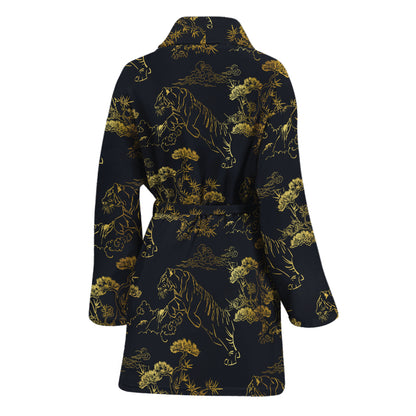 Black And Gold Japanese Tiger Print Women's Bathrobe