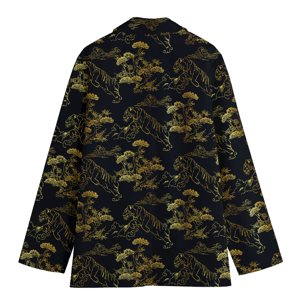 Black And Gold Japanese Tiger Print Women's Blazer