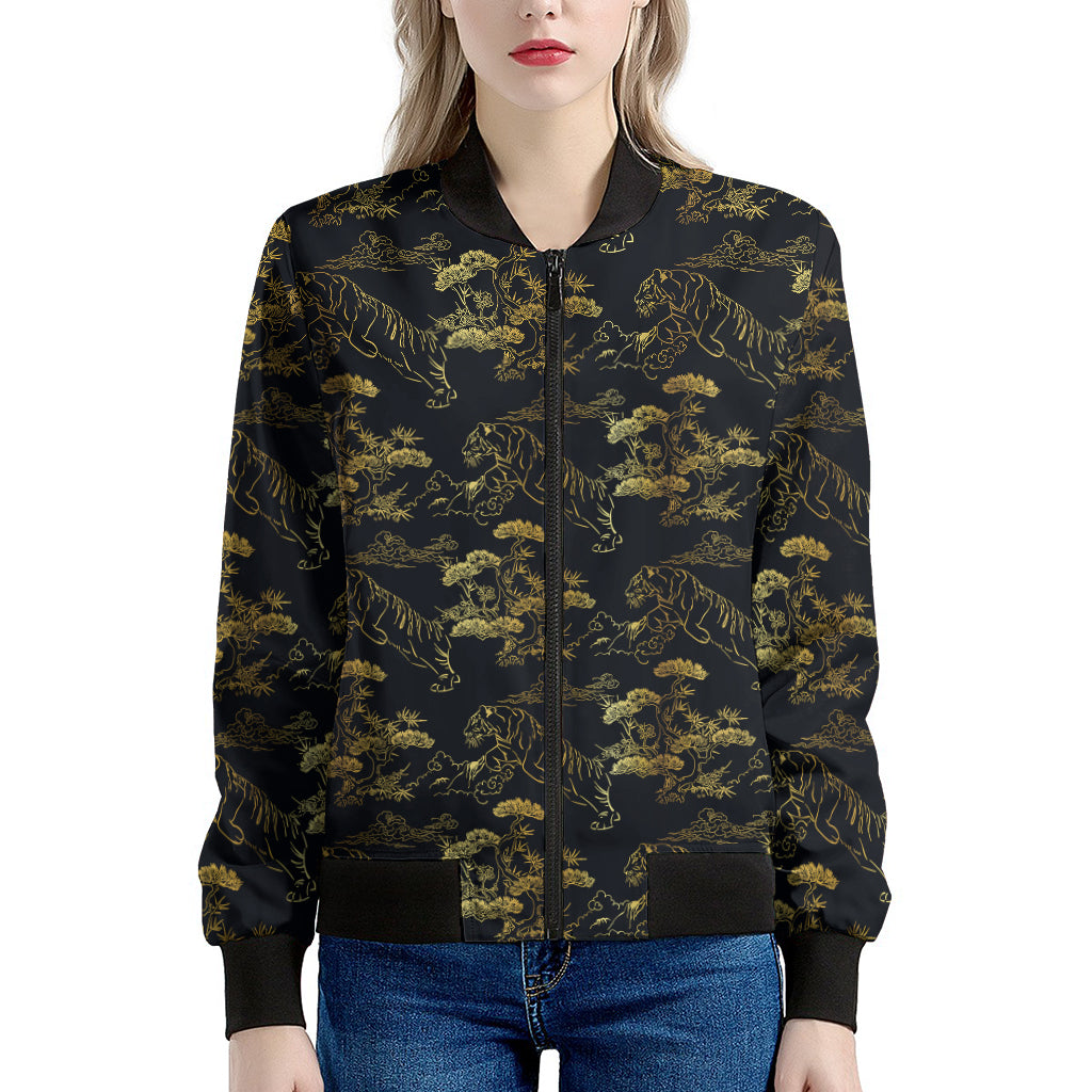 Black And Gold Japanese Tiger Print Women's Bomber Jacket