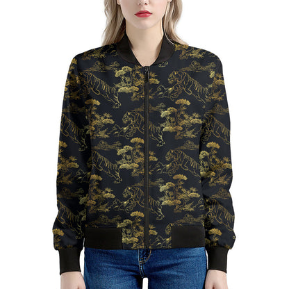 Black And Gold Japanese Tiger Print Women's Bomber Jacket