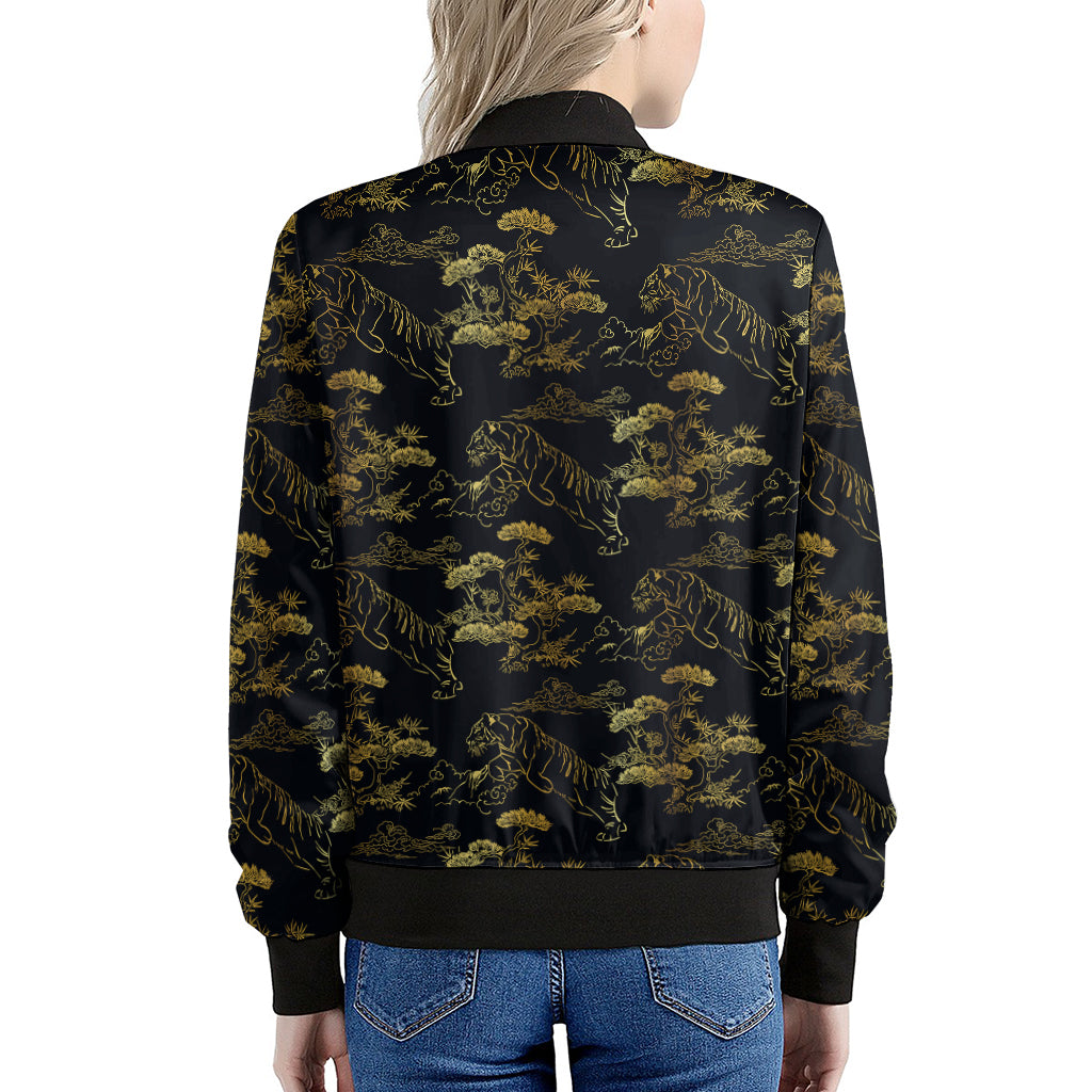 Black And Gold Japanese Tiger Print Women's Bomber Jacket