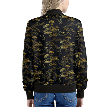Black And Gold Japanese Tiger Print Women's Bomber Jacket