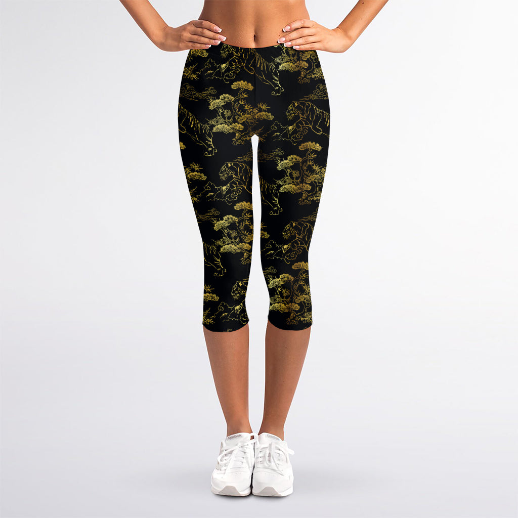 Black And Gold Japanese Tiger Print Women's Capri Leggings