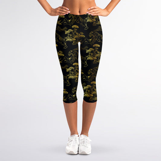 Black And Gold Japanese Tiger Print Women's Capri Leggings