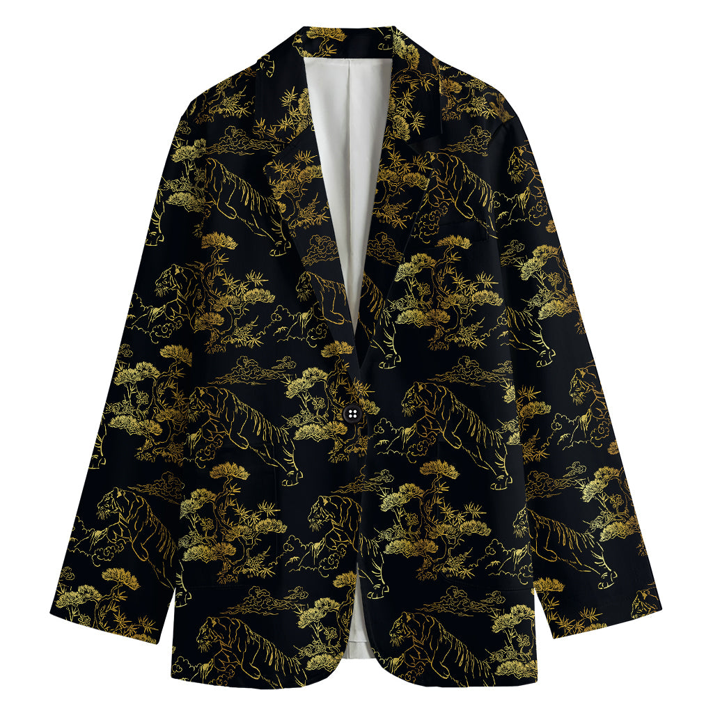 Black And Gold Japanese Tiger Print Women's Cotton Blazer
