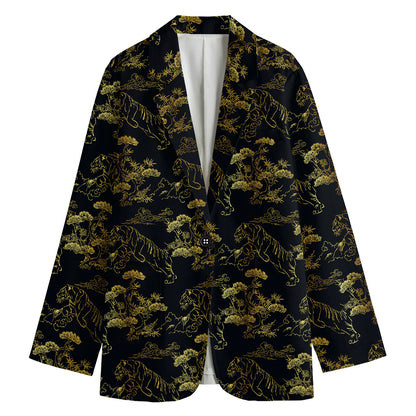 Black And Gold Japanese Tiger Print Women's Cotton Blazer