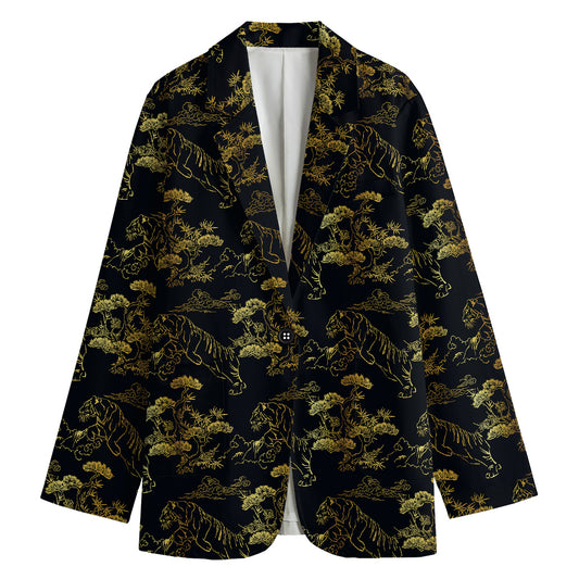 Black And Gold Japanese Tiger Print Women's Cotton Blazer