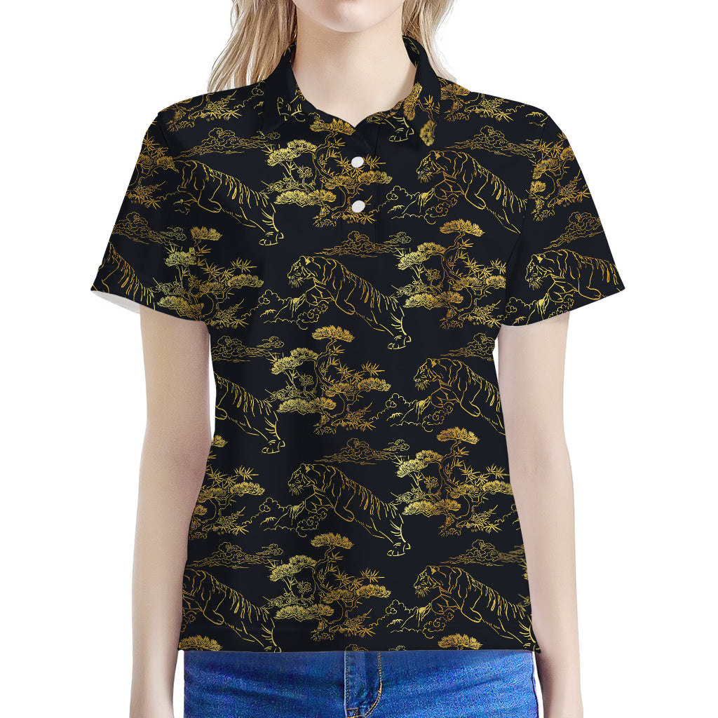 Black And Gold Japanese Tiger Print Women's Polo Shirt