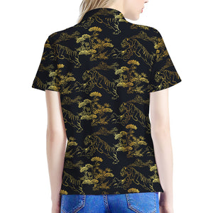 Black And Gold Japanese Tiger Print Women's Polo Shirt