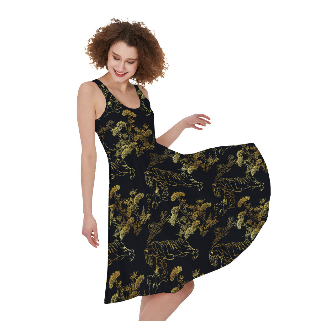 Black And Gold Japanese Tiger Print Women's Sleeveless Dress