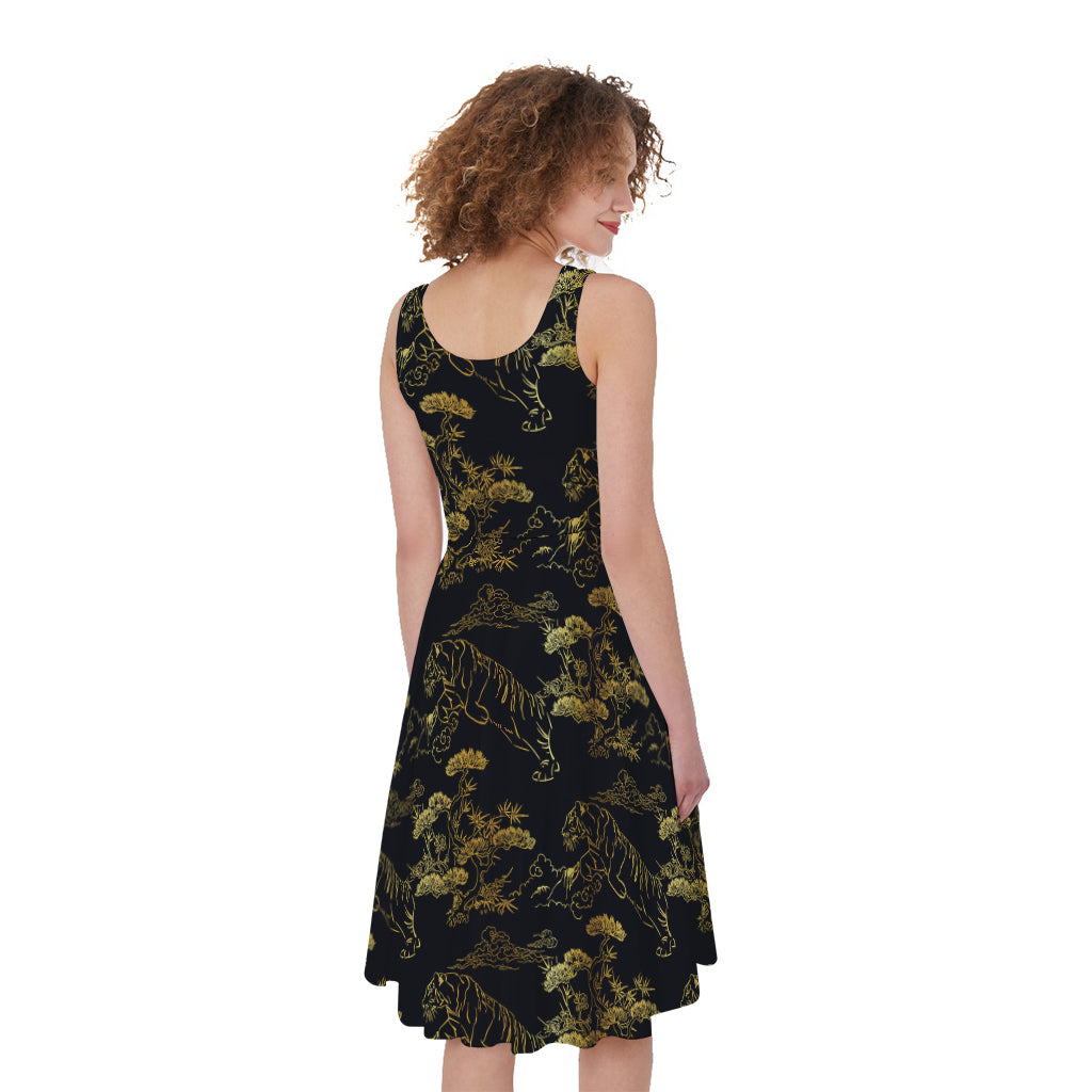 Black And Gold Japanese Tiger Print Women's Sleeveless Dress