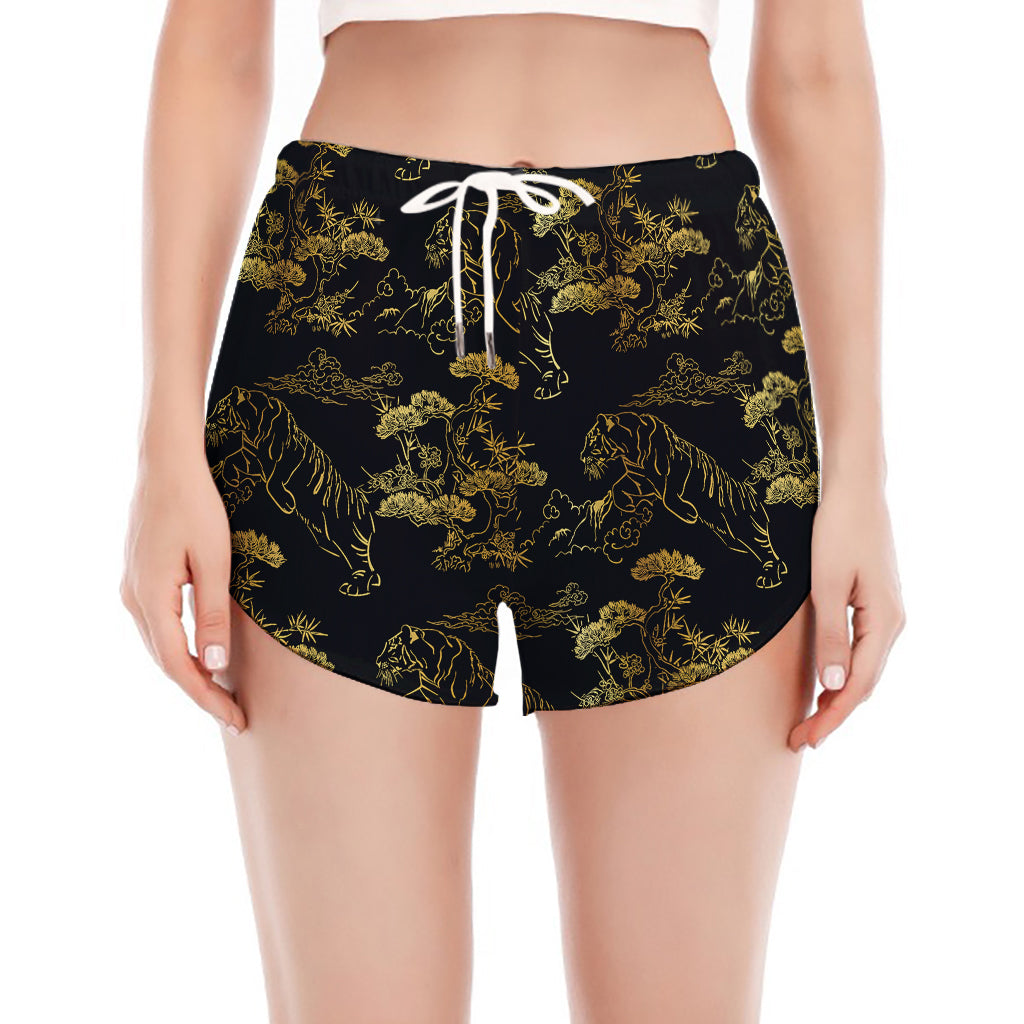 Black And Gold Japanese Tiger Print Women's Split Running Shorts
