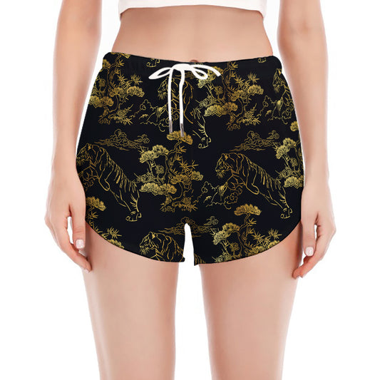 Black And Gold Japanese Tiger Print Women's Split Running Shorts