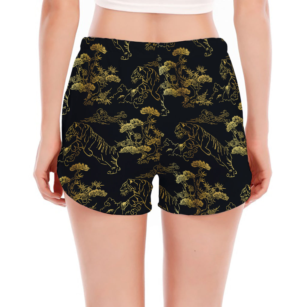 Black And Gold Japanese Tiger Print Women's Split Running Shorts