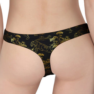 Black And Gold Japanese Tiger Print Women's Thong