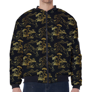 Black And Gold Japanese Tiger Print Zip Sleeve Bomber Jacket