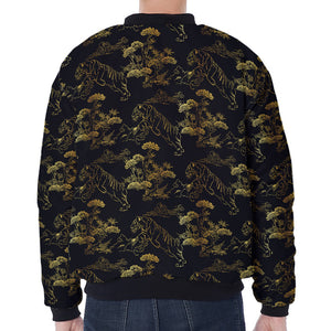 Black And Gold Japanese Tiger Print Zip Sleeve Bomber Jacket