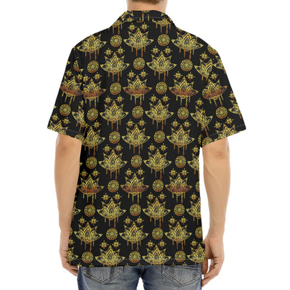 Black And Gold Lotus Flower Print Aloha Shirt