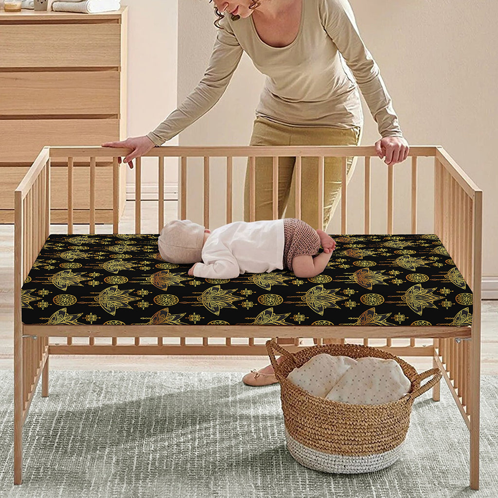 Black And Gold Lotus Flower Print Baby Crib Sheet