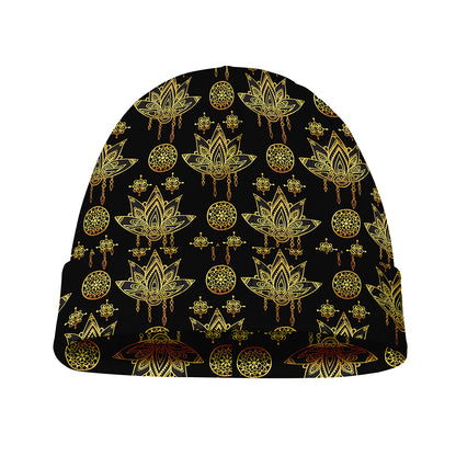 Black And Gold Lotus Flower Print Beanie
