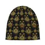 Black And Gold Lotus Flower Print Beanie