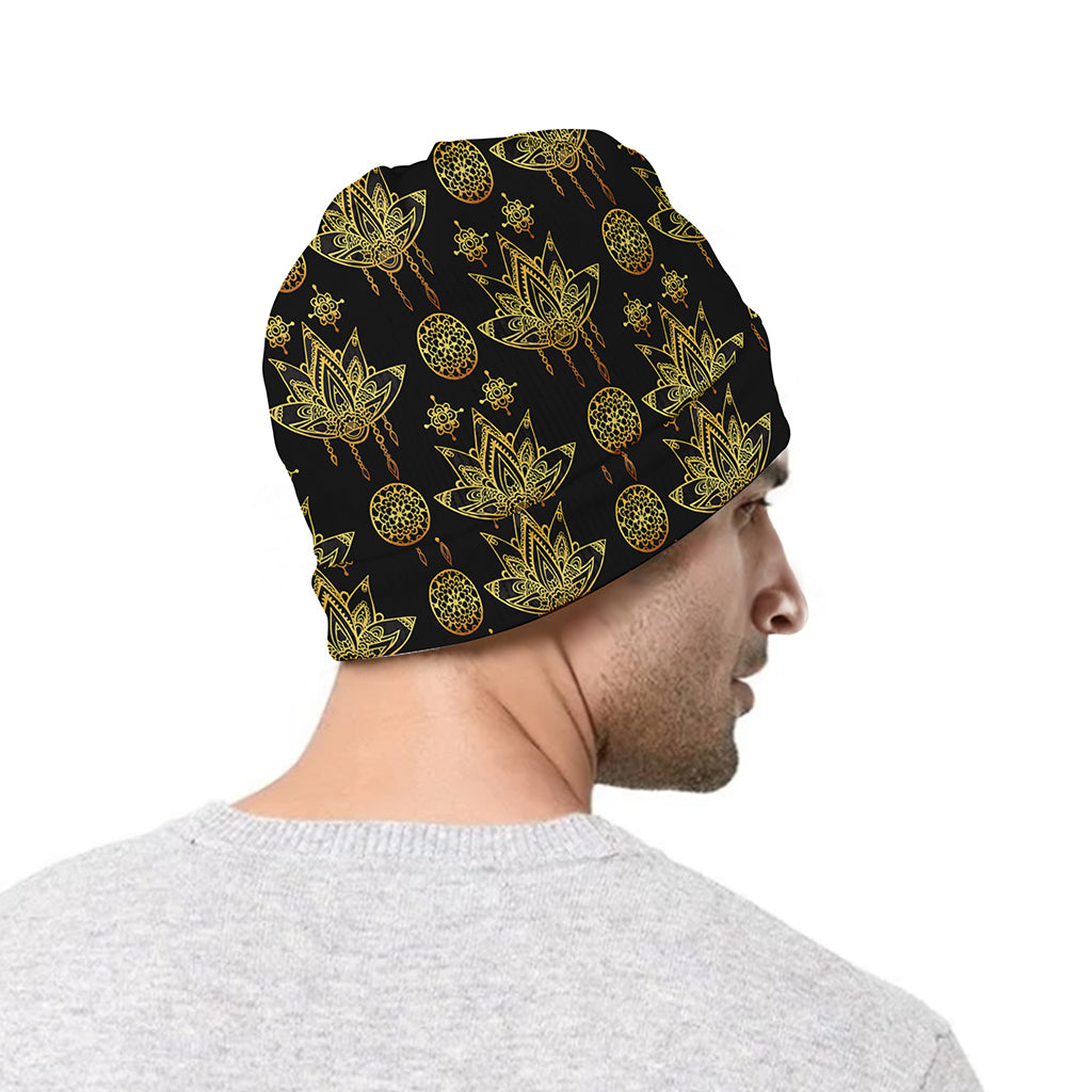 Black And Gold Lotus Flower Print Beanie