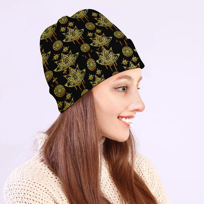 Black And Gold Lotus Flower Print Beanie