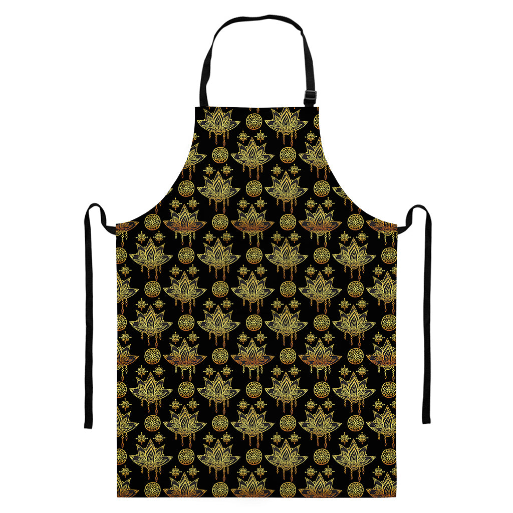 Black And Gold Lotus Flower Print Bib Apron With Pocket